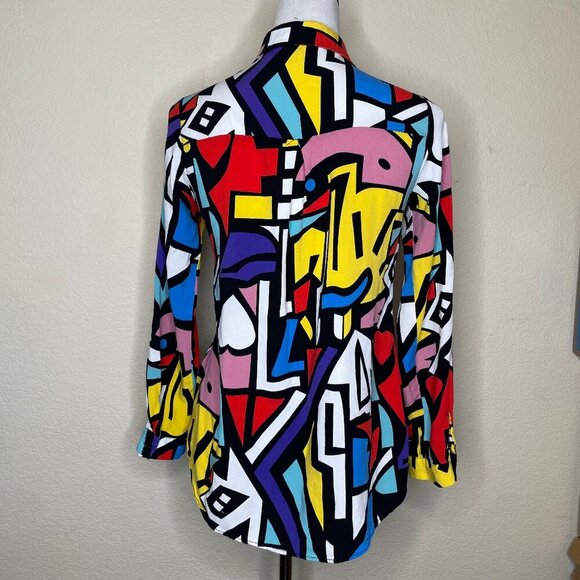 Big Dart Vintage Op Art Dopamine Colorblock Button Collared Blouse Shirt Top 8 - Picture 4 of 11